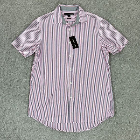 Michael Kors Seersucker Stripe Button Up Shirt Red White Blue Small Short Sleeve - Picture 6 of 11